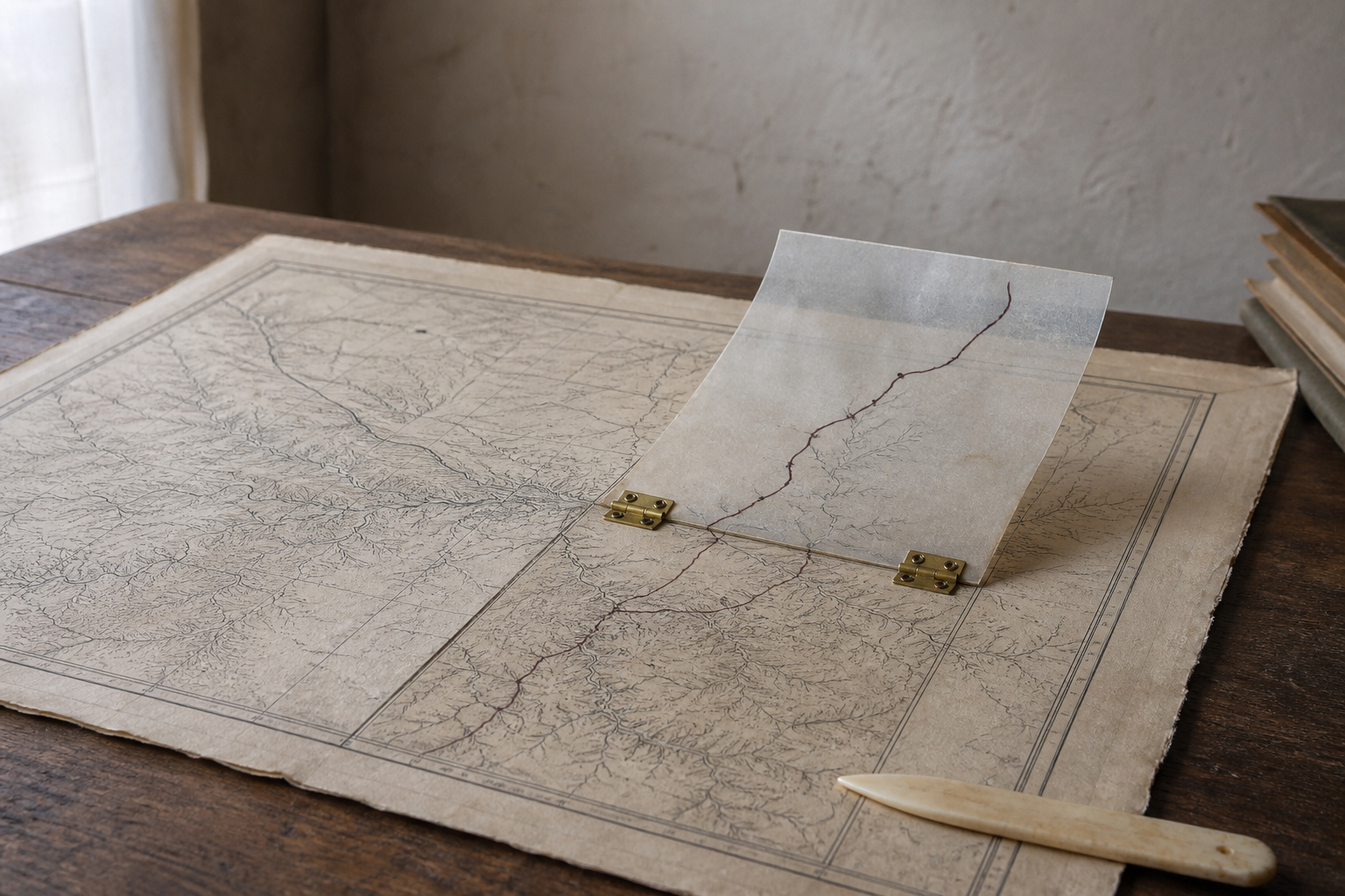 An archival map keeps its original route visible beneath a hinged translucent correction flap